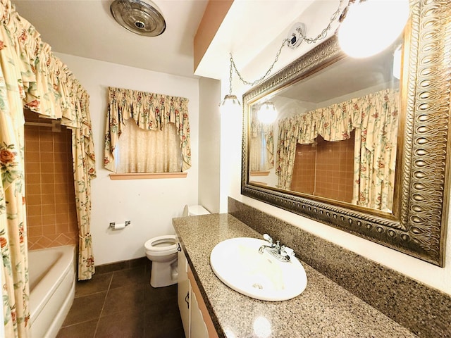 1210 Carroll Dr, Garland, TX 75041 - bathroom featuring vanity, toilet, tile patterned flooring, and shower / bath combo