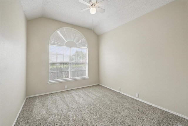 7208 Bouquet Dr, Frisco, TX 75035 - spare room with ceiling fan, carpet, vaulted ceiling, a textured ceiling, and baseboards