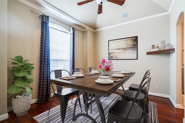 209 Pine Valley Ct, Fairview, TX 75069 - dining area featuring wood finished floors, ceiling fan, lofted ceiling, baseboards, and crown molding