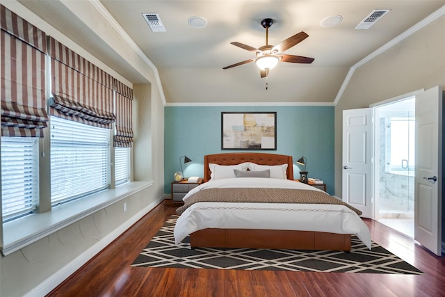 209 Pine Valley Ct, Fairview, TX 75069 - bedroom with multiple windows, lofted ceiling, wood finished floors, crown molding, and connected bathroom