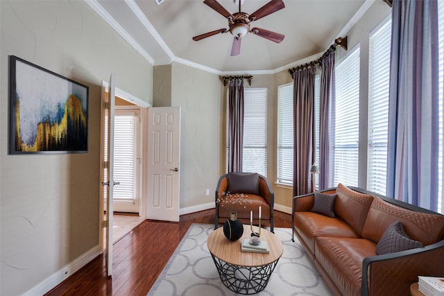 209 Pine Valley Ct, Fairview, TX 75069 - living area with crown molding, wood finished floors, ceiling fan, and baseboards