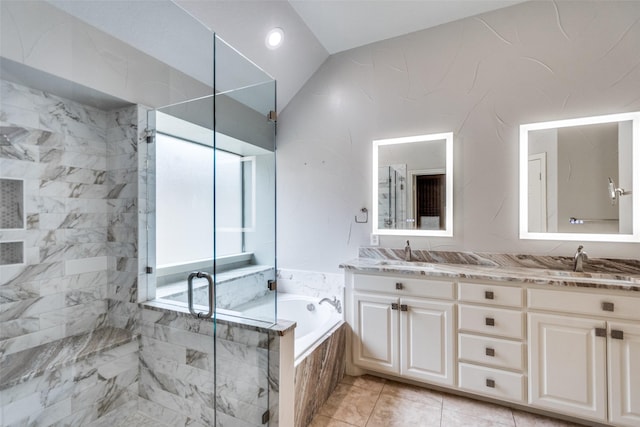 209 Pine Valley Ct, Fairview, TX 75069 - full bathroom featuring a shower stall, a garden tub, double vanity, lofted ceiling, and tile patterned floors