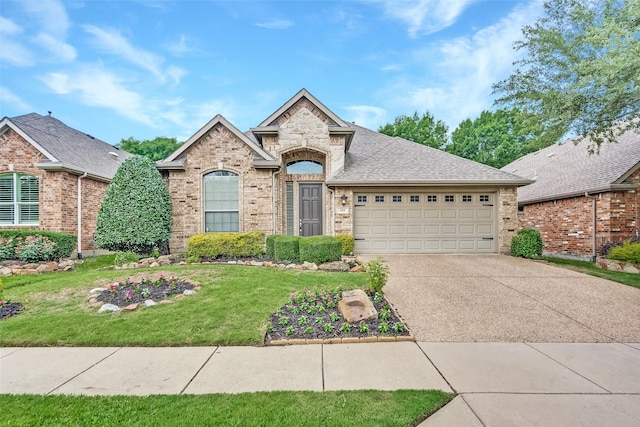209 Pine Valley Ct, Fairview, TX 75069 - view of front of home featuring brick siding, driveway, a garage, a front lawn, and a shingled roof