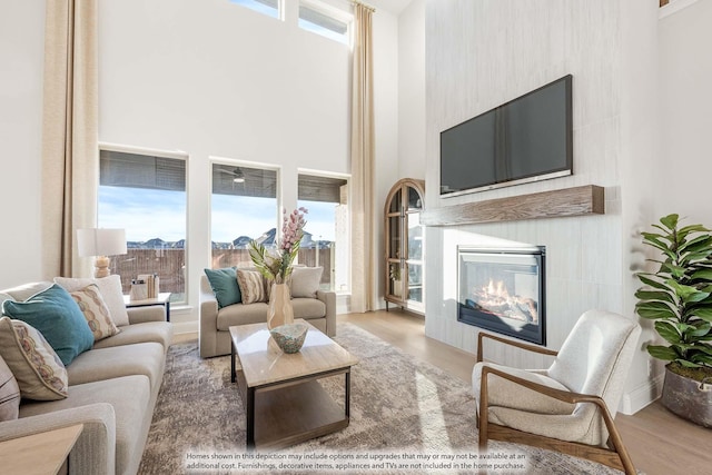 4622 Bel Air Dr, Midlothian, TX 76065 - living area featuring a high ceiling, a glass covered fireplace, and wood finished floors