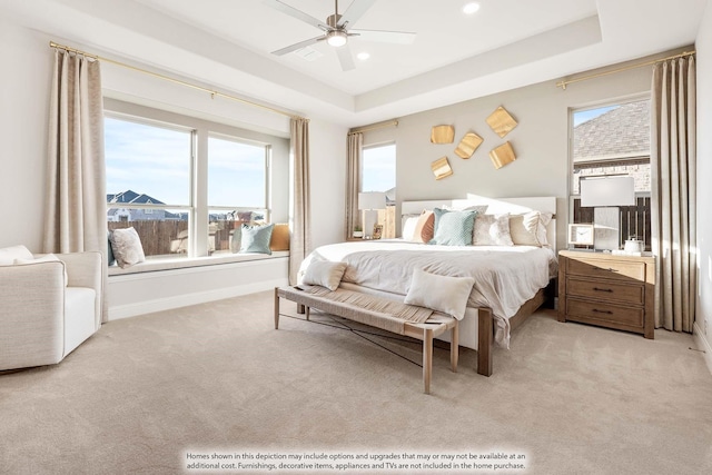 4622 Bel Air Dr, Midlothian, TX 76065 - bedroom with light carpet, a raised ceiling, recessed lighting, a ceiling fan, and baseboards