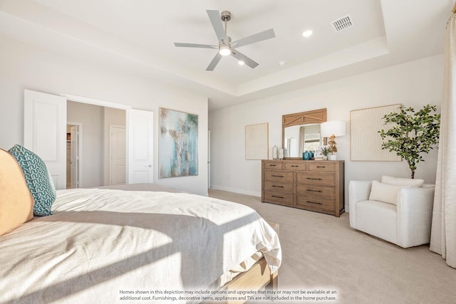 4622 Bel Air Dr, Midlothian, TX 76065 - bedroom featuring a raised ceiling, light colored carpet, a ceiling fan, and recessed lighting
