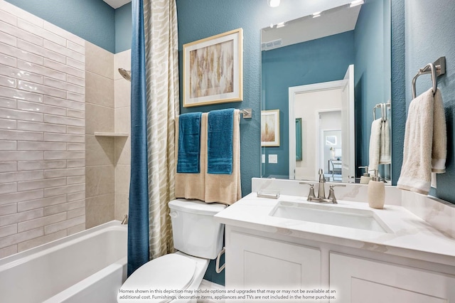 4622 Bel Air Dr, Midlothian, TX 76065 - bathroom featuring toilet, vanity, a textured wall, and shower / bathtub combination with curtain