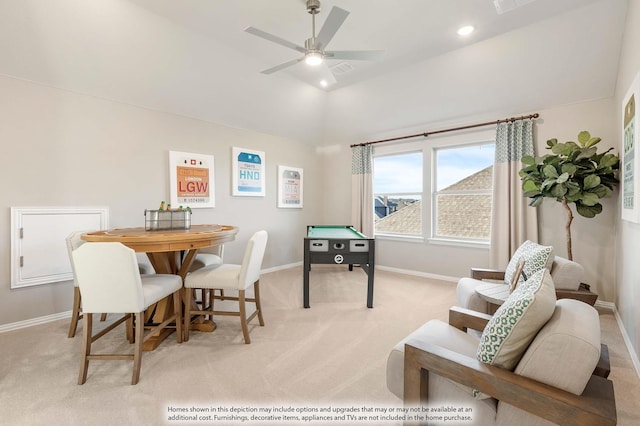 4622 Bel Air Dr, Midlothian, TX 76065 - dining area featuring light carpet, baseboards, ceiling fan, and vaulted ceiling