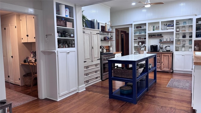 573 S Preston Ave, Van Alstyne, TX 75495 - kitchen featuring open shelves, stainless steel range with gas cooktop, dark wood-style flooring, and ceiling fan