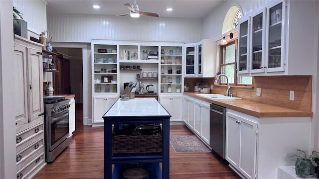 573 S Preston Ave, Van Alstyne, TX 75495 - kitchen featuring appliances with stainless steel finishes, wooden counters, a sink, ceiling fan, and dark wood-style flooring
