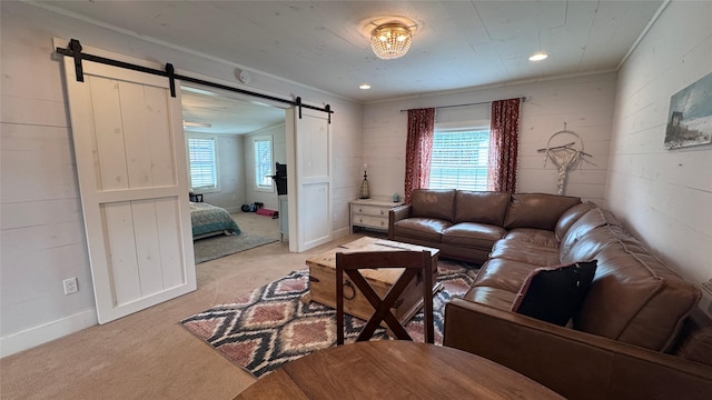 573 S Preston Ave, Van Alstyne, TX 75495 - living area featuring a barn door, plenty of natural light, light carpet, wooden walls, and recessed lighting