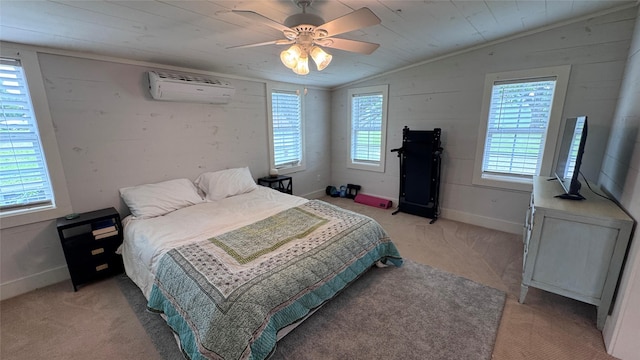 573 S Preston Ave, Van Alstyne, TX 75495 - bedroom with an AC wall unit, lofted ceiling, light carpet, ceiling fan, and ornamental molding