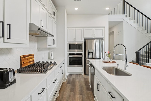 422 Firecrest Ln, Celina, TX 75009 - kitchen featuring appliances with stainless steel finishes, a sink, under cabinet range hood, light countertops, and recessed lighting