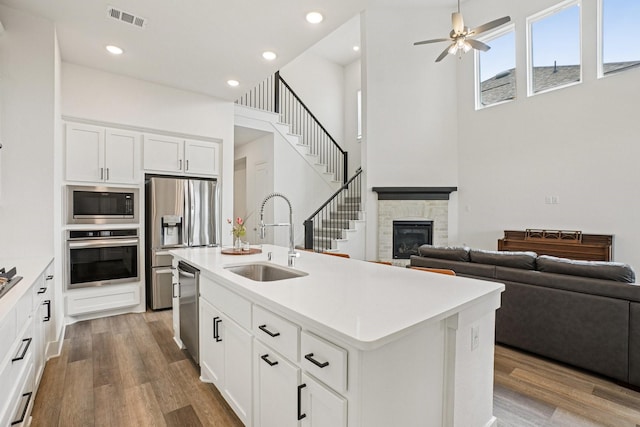 422 Firecrest Ln, Celina, TX 75009 - kitchen featuring stainless steel appliances, a sink, wood finished floors, a stone fireplace, and a high ceiling
