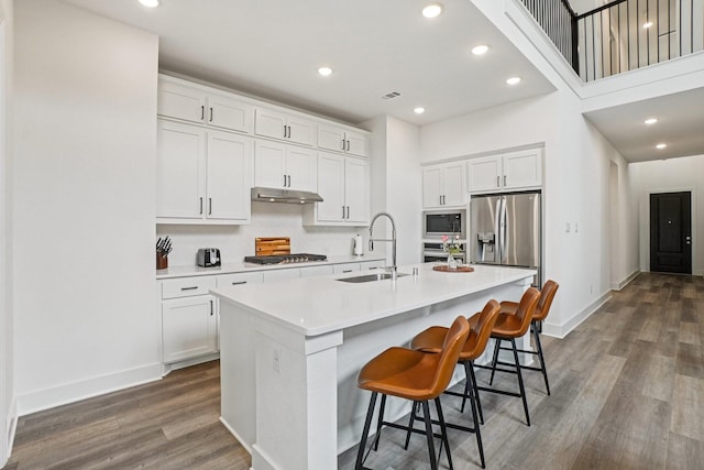 422 Firecrest Ln, Celina, TX 75009 - kitchen with appliances with stainless steel finishes, a sink, under cabinet range hood, wood finished floors, and an island with sink