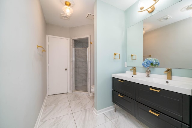 405 Houston St, Sulphur Springs, TX 75482 - bathroom with marble look tile flooring, baseboards, double vanity, and a shower stall