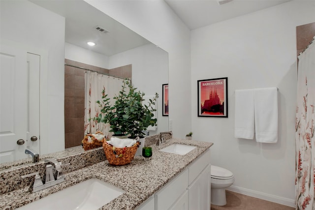 4860 Connor Pl, Fairview, TX 75069 - bathroom featuring double vanity, baseboards, toilet, a shower with curtain, and recessed lighting