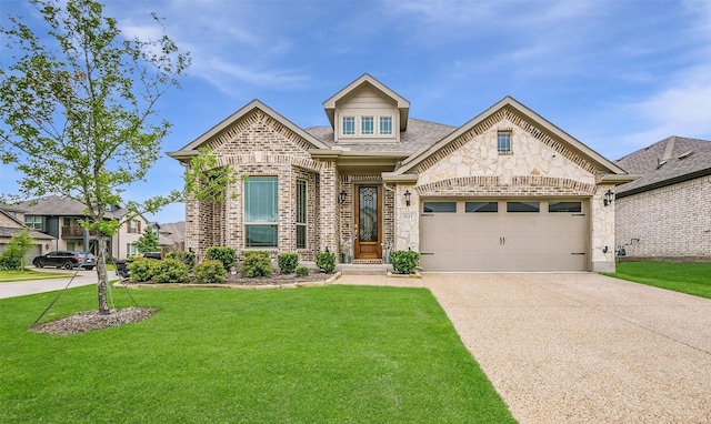 801 Dove Haven Ln, Melissa, TX 75454 - french country home featuring driveway, a front yard, brick siding, a garage, and roof with shingles