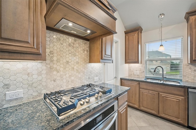 801 Dove Haven Ln, Melissa, TX 75454 - kitchen with a sink, custom exhaust hood, appliances with stainless steel finishes, decorative backsplash, and dark stone counters