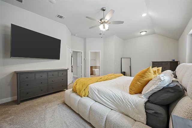801 Dove Haven Ln, Melissa, TX 75454 - bedroom featuring carpet floors, vaulted ceiling, ensuite bathroom, baseboards, and ceiling fan