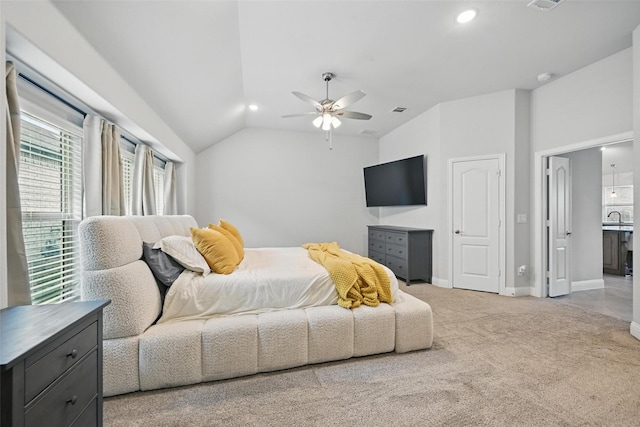 801 Dove Haven Ln, Melissa, TX 75454 - bedroom with light carpet, lofted ceiling, a sink, baseboards, and recessed lighting