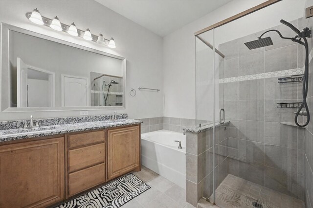 801 Dove Haven Ln, Melissa, TX 75454 - bathroom with a stall shower, a garden tub, double vanity, and tile patterned flooring