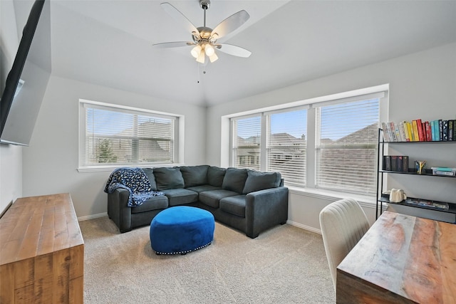 801 Dove Haven Ln, Melissa, TX 75454 - living area featuring carpet, a ceiling fan, baseboards, and vaulted ceiling