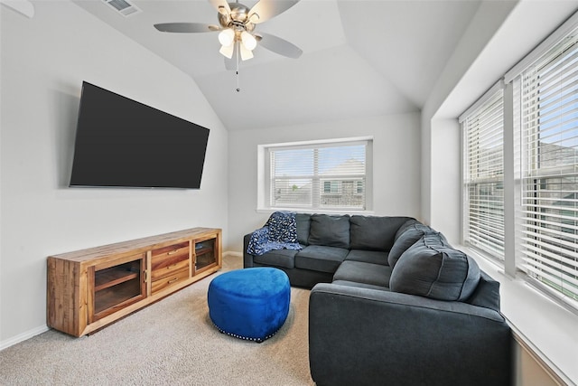 801 Dove Haven Ln, Melissa, TX 75454 - living room featuring plenty of natural light, ceiling fan, lofted ceiling, carpet floors, and baseboards