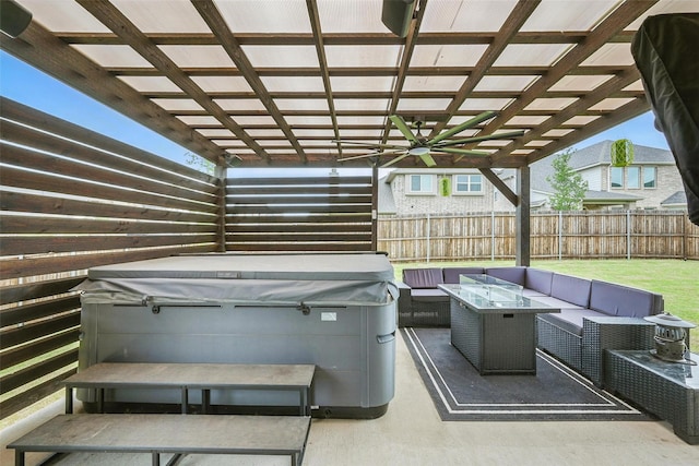 801 Dove Haven Ln, Melissa, TX 75454 - fenced backyard featuring a hot tub, an outdoor living space, ceiling fan, a pergola, and a patio