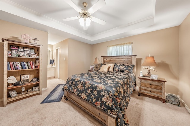 1202 Rice Rd Unit 122, Tyler, TX 75703 - bedroom with carpet, crown molding, a tray ceiling, baseboards, and ceiling fan