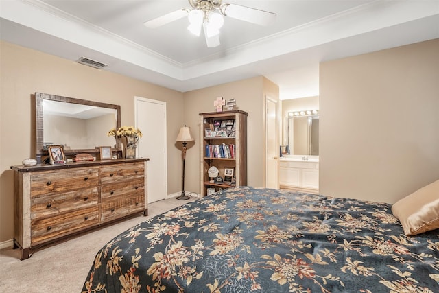 1202 Rice Rd Unit 122, Tyler, TX 75703 - carpeted bedroom featuring crown molding, ensuite bath, a ceiling fan, and baseboards