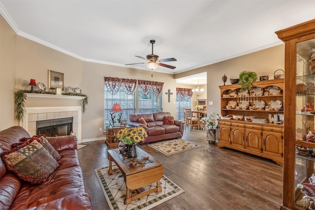 1202 Rice Rd Unit 122, Tyler, TX 75703 - living room with a ceiling fan, wood-type flooring, ornamental molding, a fireplace, and a chandelier