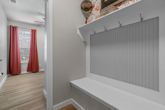 15712 Oak Pointe Dr, Fort Worth, TX 76177 - mudroom featuring baseboards, wood finished floors, and a ceiling fan