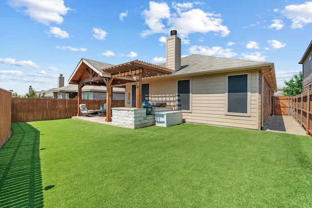 15712 Oak Pointe Dr, Fort Worth, TX 76177 - back of house with a pergola, a patio area, a chimney, and exterior kitchen