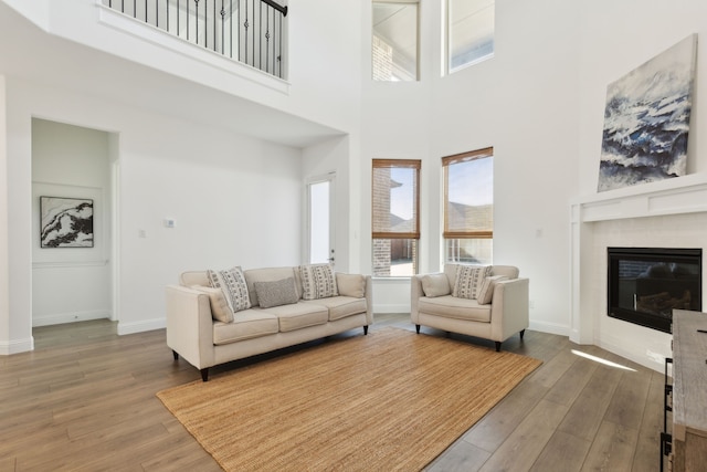 232 Lakewood Ln, Ponder, TX 76259 - living area featuring hardwood / wood-style floors, a glass covered fireplace, and a towering ceiling
