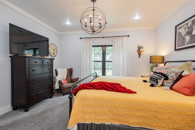 853 County Road 2215, Decatur, TX 76234 - bedroom with carpet, ornamental molding, a chandelier, and recessed lighting