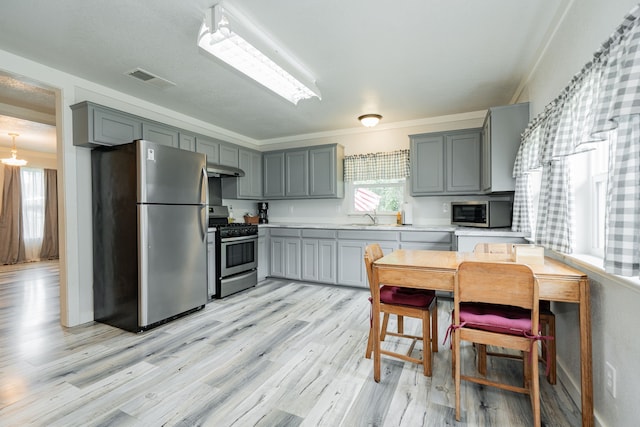 853 County Road 2215, Decatur, TX 76234 - kitchen featuring appliances with stainless steel finishes, gray cabinetry, light countertops, light wood-type flooring, and ornamental molding