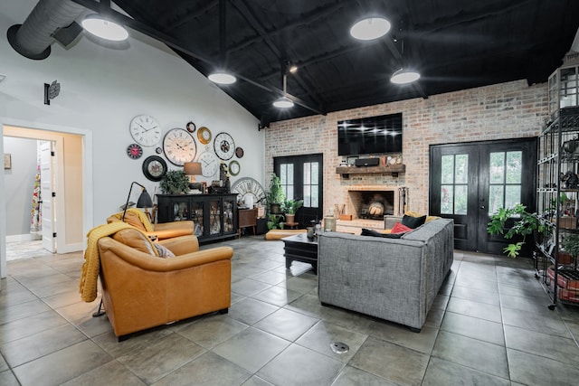 853 County Road 2215, Decatur, TX 76234 - living area featuring french doors, a brick fireplace, high vaulted ceiling, brick wall, and baseboards