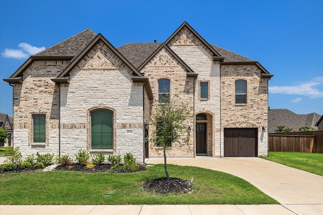2012 Grover Ln, Rockwall, TX 75087 - french country inspired facade featuring driveway, roof with shingles, stone siding, and an attached garage