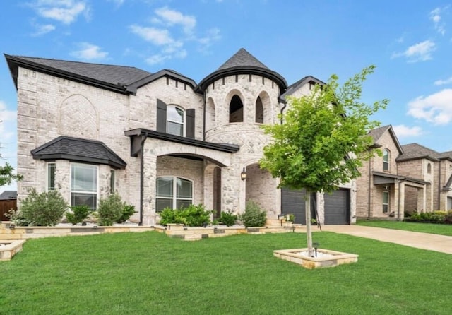 1708 Ordonez Dr, Little Elm, TX 75068 - french provincial home with concrete driveway, a front lawn, and brick siding