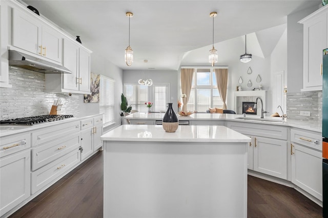 1708 Ordonez Dr, Little Elm, TX 75068 - kitchen with stainless steel gas cooktop, under cabinet range hood, a sink, a kitchen island, and a peninsula