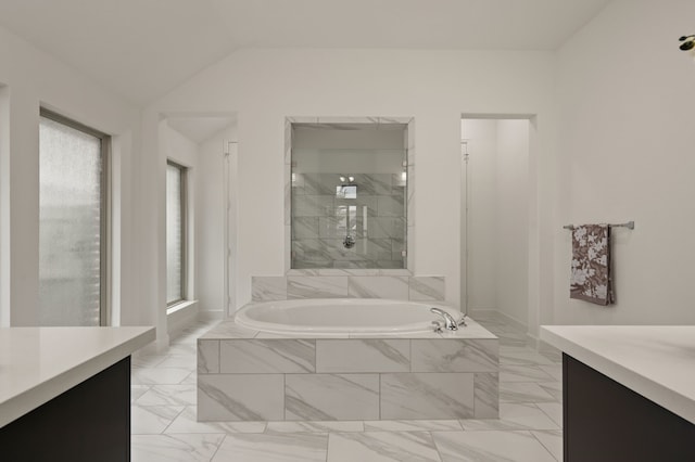 2232 Autrey Ln, Northlake, TX 76247 - full bath with vanity, marble finish flooring, a garden tub, lofted ceiling, and a shower