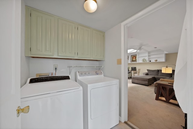 4301 Jenning Ct, Plano, TX 75093 - washroom with cabinet space, washer and dryer, light colored carpet, and ceiling fan