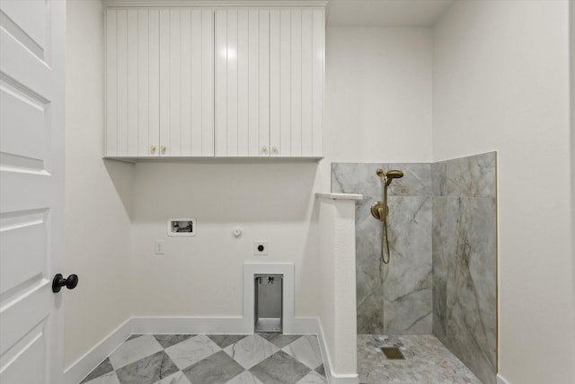 609 N Stewart St, Azle, TX 76020 - laundry area featuring electric dryer hookup, baseboards, hookup for a washing machine, and cabinet space
