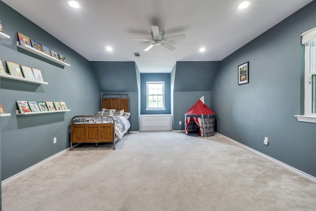 286 Lilac Ln, Southlake, TX 76092 - bedroom with carpet, baseboards, vaulted ceiling, recessed lighting, and a ceiling fan