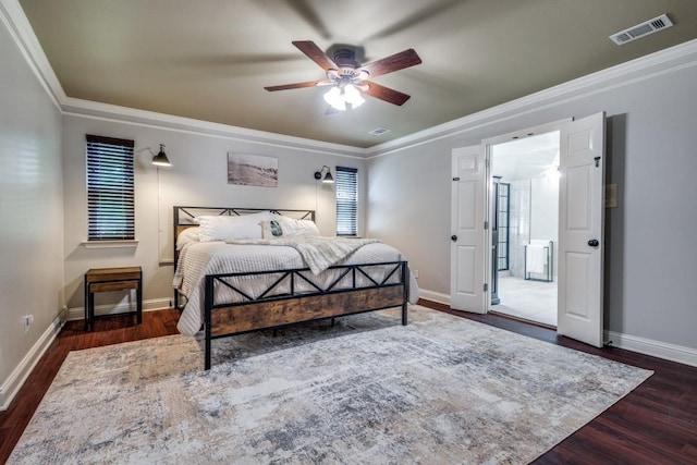 286 Lilac Ln, Southlake, TX 76092 - bedroom with dark wood-type flooring, baseboards, ornamental molding, and ceiling fan