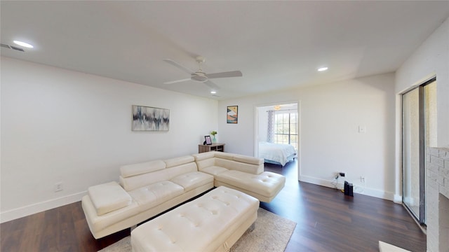 903 Turtle Lake Blvd Unit 268, Irving, TX 75060 - living room with dark wood-style floors, ceiling fan, recessed lighting, baseboards, and a brick fireplace