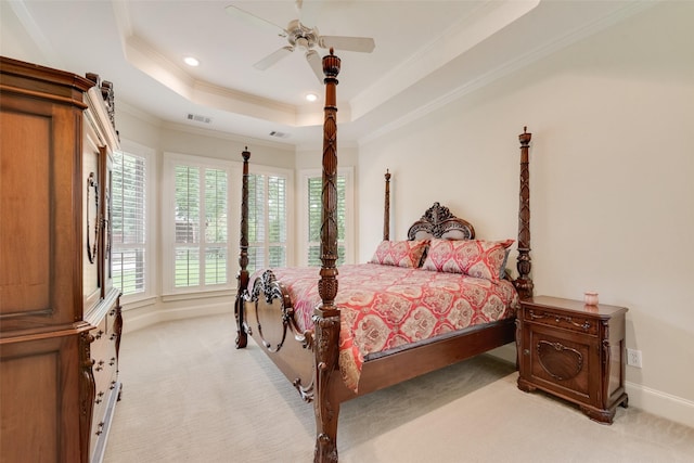 808 Country Club Dr, Heath, TX 75032 - bedroom with ornamental molding, light colored carpet, a raised ceiling, recessed lighting, and a ceiling fan