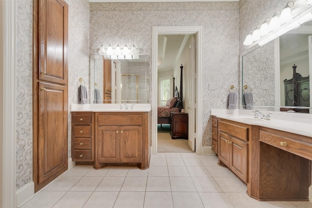 808 Country Club Dr, Heath, TX 75032 - full bath with wallpapered walls, ornamental molding, a shower stall, two vanities, and tile patterned floors