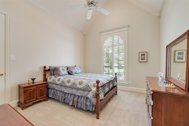 808 Country Club Dr, Heath, TX 75032 - bedroom featuring crown molding, light colored carpet, baseboards, a ceiling fan, and high vaulted ceiling
